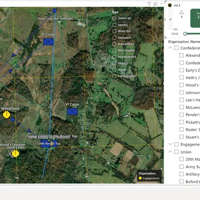 Kinetic Map plotting Confederate and Union units as MIL-STD-2525C symbols on satellite imagery of Gettysburg, with a day slicer and organization filters.